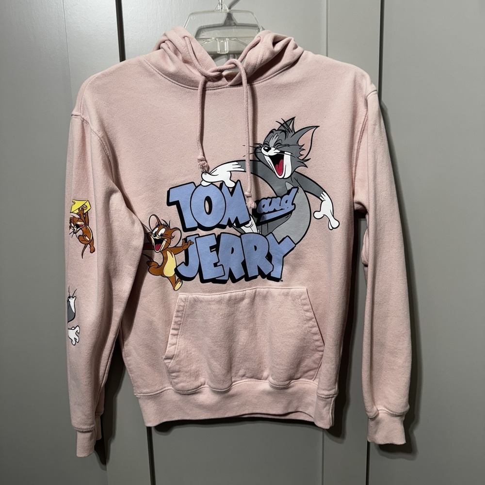 Tom Jerry Women Sweatshirt Extra Small Hoodie Drawstring Pink Cotton Blend Comfy